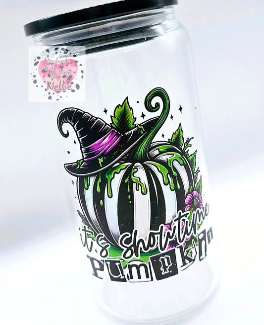 It's Showtime Pumpkin Glass Can